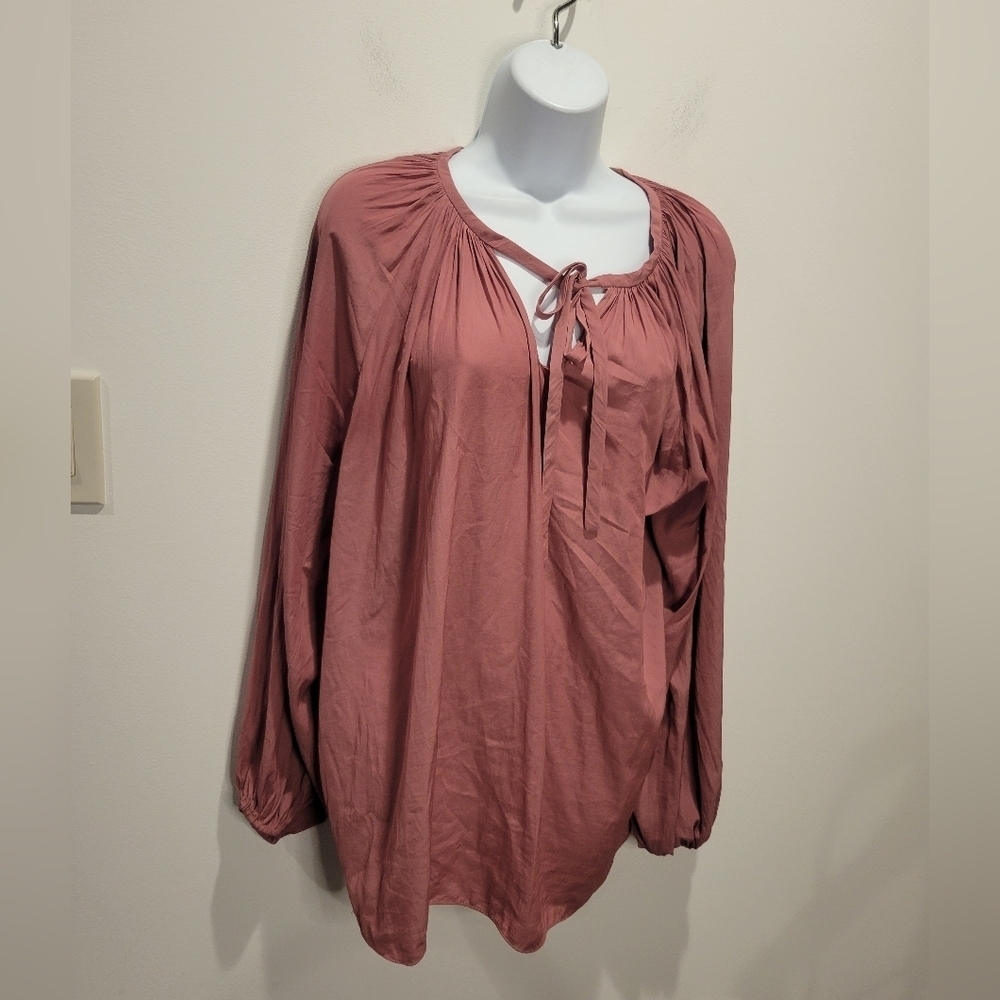 Joan Vass Ny Size Xl Dusty Rose Puff Sleeves Neck Tie Flowy Blouse